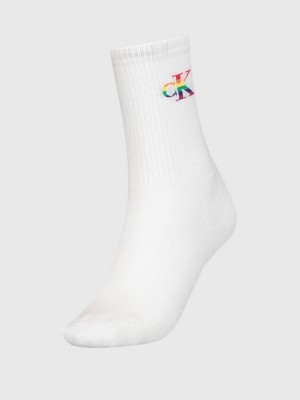 White Calvin Klein Crew - Pride Women Socks | SQON-65327