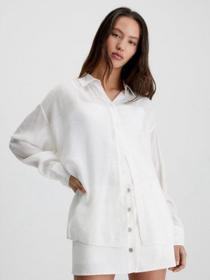 White Calvin Klein Crinkle Rayon Split Back Blouse Women Top | CGYX-40928