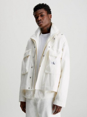 White Calvin Klein Cropped Cotton Twill Zip Up Men Jacket | OPIA-81402
