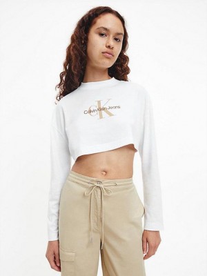 White Calvin Klein Cropped Long Sleeve Logo Women T-Shirt | EFRY-18294