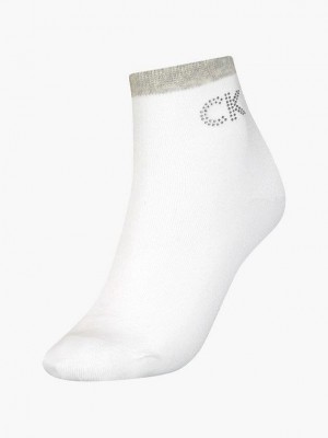 White Calvin Klein Crystal Logo Crew Women Socks | QLCY-19624