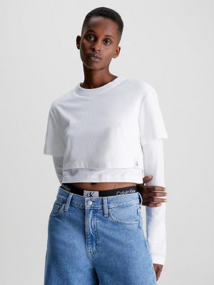 White Calvin Klein Double Layer Long Sleeve Women T-Shirt | TNEL-26397