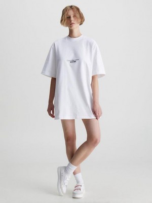 White Calvin Klein Embroidered T-Shirt Women Dress | NMEH-06985