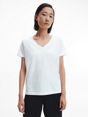 White Calvin Klein Essential V-Neck Women T-Shirt | QUXE-87032