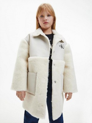 White Calvin Klein Faux Leather Teddy Sherpa Coat Girls's Jacket | LBPV-57231