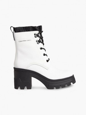 White Calvin Klein Leather Chunky Heeled Women Boots | LTKS-17589
