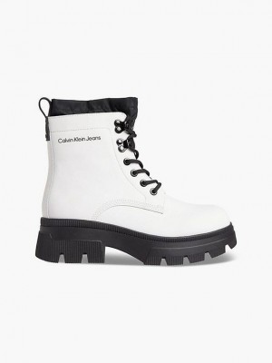 White Calvin Klein Leather Chunky Platform Women Boots | PAQF-43916