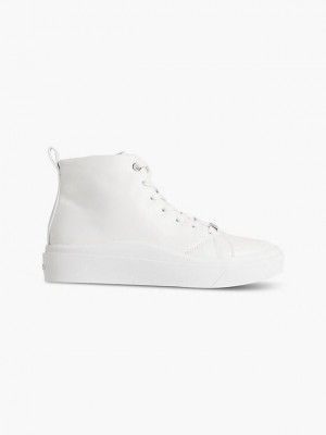 White Calvin Klein Leather High-Top Women Sneakers | LBIN-17238