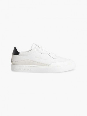 White Calvin Klein Leather Men Sneakers | QBKG-73805