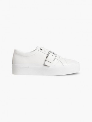 White Calvin Klein Leather Platform Women Sneakers | MZNW-03419
