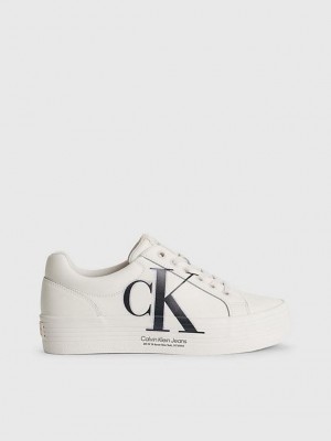 White Calvin Klein Leather Platform Women Sneakers | YGSP-24398