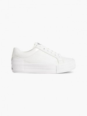 White Calvin Klein Leather Platform Women Sneakers | GBYT-76390
