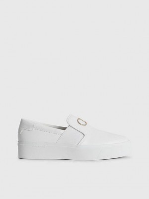 White Calvin Klein Leather Platform Women Slip On | PYBH-62941