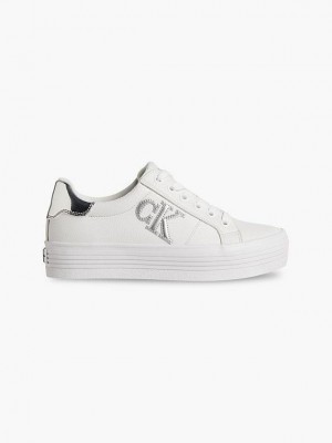 White Calvin Klein Leather Platform Women Sneakers | QDAN-23495