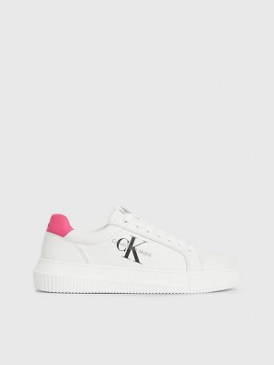 White Calvin Klein Leather Women Sneakers | PMDC-95142
