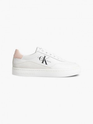 White Calvin Klein Leather Women Sneakers | ZCMB-87439