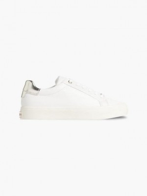 White Calvin Klein Leather Women Sneakers | RJKX-87415