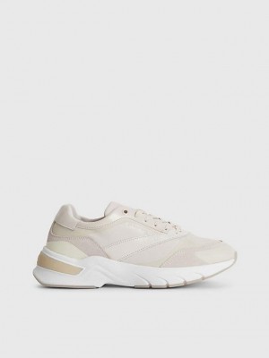 White Calvin Klein Leather Women Sneakers | NBPR-91736