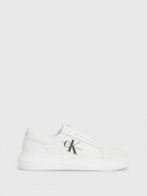 White Calvin Klein Leather Women Sneakers | KMUG-24671