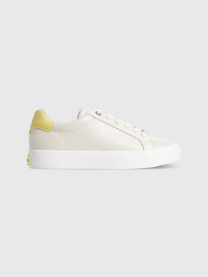 White Calvin Klein Leather Women Sneakers | LRGS-18703