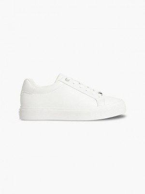 White Calvin Klein Leather Women Sneakers | WOXB-09426