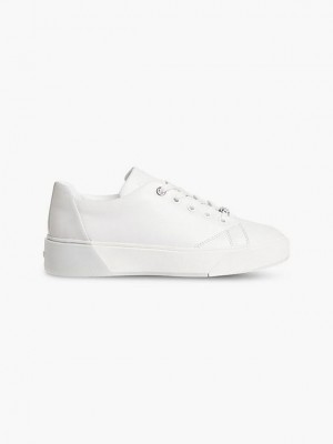 White Calvin Klein Leather Women Sneakers | RNKD-31042