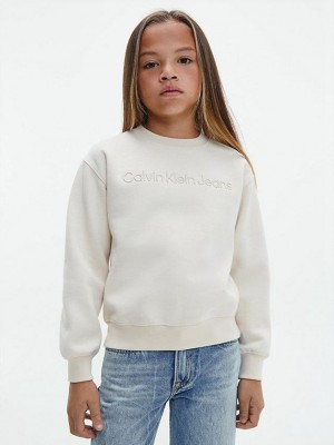 White Calvin Klein Logo Boys's Sweatshirt | CRSM-65789