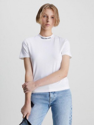 White Calvin Klein Logo Collar Women T-Shirt | JWAG-89145