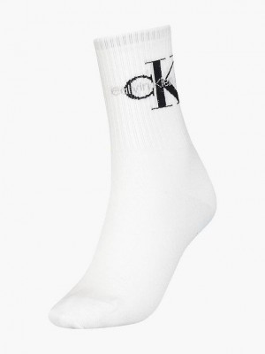White Calvin Klein Logo Crew Women Socks | HPVK-01254