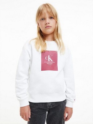 White Calvin Klein Logo Girls's Sweatshirt | NEFR-23761