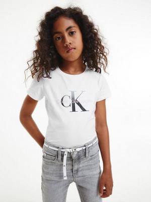 White Calvin Klein Logo Girls's T-Shirt | TUHR-95628