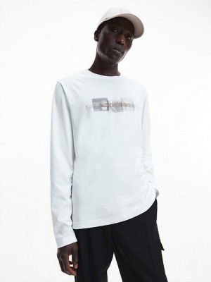 White Calvin Klein Long Sleeve Logo Men T-Shirt | BDWY-09416