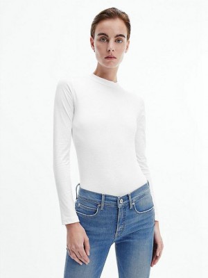 White Calvin Klein Long Sleeve Mock Neck Women T-Shirt | DESY-07253