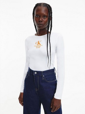 White Calvin Klein Long Sleeve Women Bodysuit | PFKS-84621