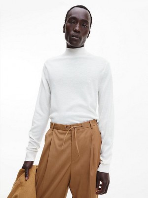 White Calvin Klein Merino Wool Mock Neck Jumper Men Sweater | IFQW-36205