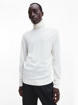 White Calvin Klein Merino Wool Roll Neck Jumper Men Sweater | QYZB-23547