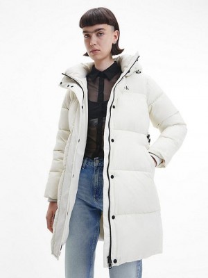 White Calvin Klein Nylon Belted Puffer Women Coat | VSCM-90253