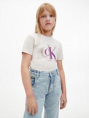 White Calvin Klein Organic Cotton Logo Girls's T-Shirt | RDNK-82091