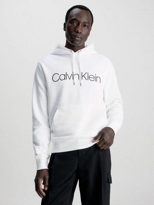 White Calvin Klein Organic Cotton Logo Men Hoodie | SDGC-31824