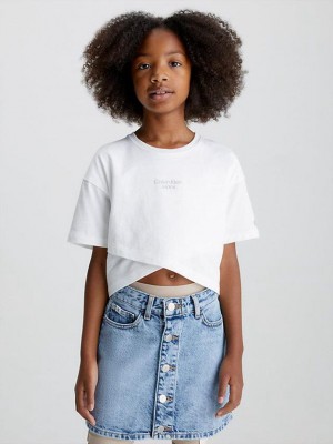White Calvin Klein Overlap Detail Girls's T-Shirt | MQZB-12563