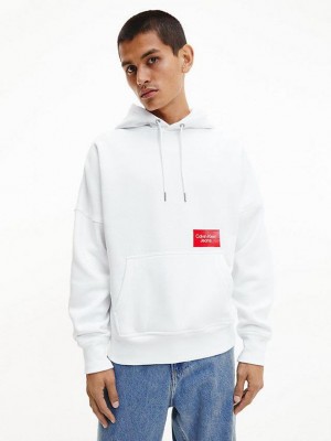 White Calvin Klein Oversized Back Logo Men Hoodie | QHSE-26573