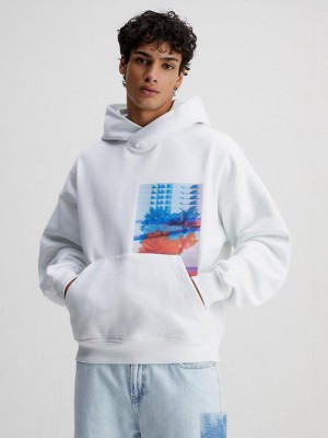 White Calvin Klein Oversized Embroidered Men Hoodie | QNRZ-64085