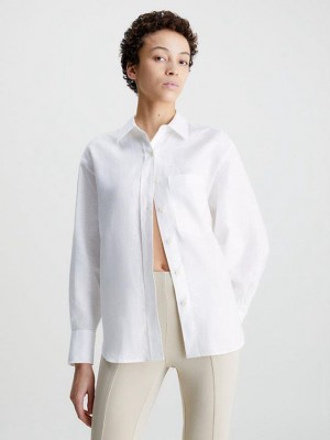 White Calvin Klein Oversized Linen Shirt Women Top | QDEM-94851