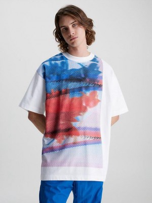 White Calvin Klein Oversized Printed Men T-Shirt | MDTW-85462