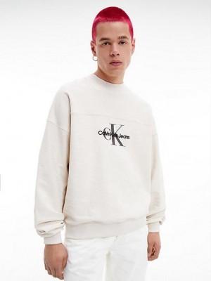 White Calvin Klein Oversized Textured Logo Men Sweatshirt | QAHD-92183