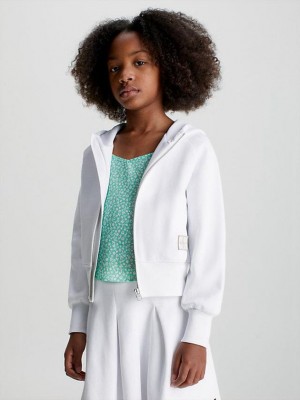 White Calvin Klein Pique Zip Up Girls's Hoodie | ARNS-62789
