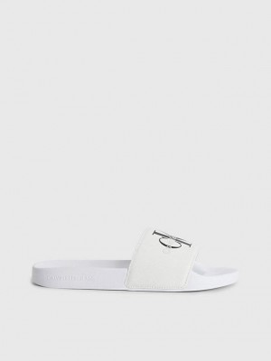 White Calvin Klein Recycled Canvas Sliders Women Slippers | GMEI-86903