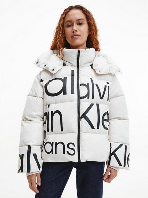 White Calvin Klein Recycled Polyester Logo Puffer Women Jacket | WTDI-70341