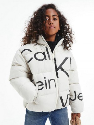 White Calvin Klein Recycled Polyester Logo Puffer Girls's Jacket | DWAS-45073