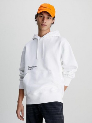 White Calvin Klein Relaxed Back Logo Men Hoodie | PMJQ-78425